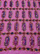 Fancy Gem Jewel Fabric - Gold / Magenta - Geometric Stretch Sequins Design on Mesh By Yard