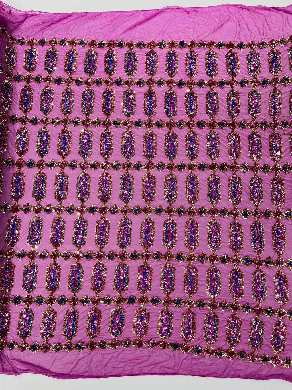 Fancy Gem Jewel Fabric - Gold / Magenta - Geometric Stretch Sequins Design on Mesh By Yard