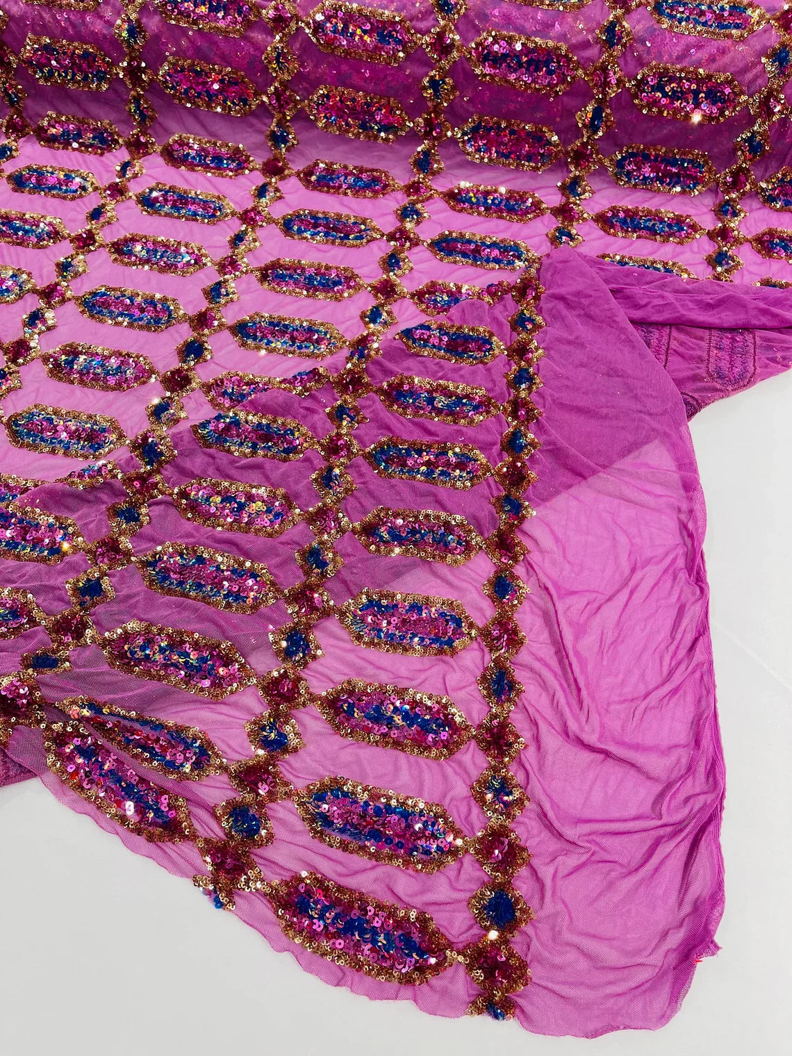 Fancy Gem Jewel Fabric - Gold / Magenta - Geometric Stretch Sequins Design on Mesh By Yard
