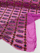Fancy Gem Jewel Fabric - Gold / Magenta - Geometric Stretch Sequins Design on Mesh By Yard