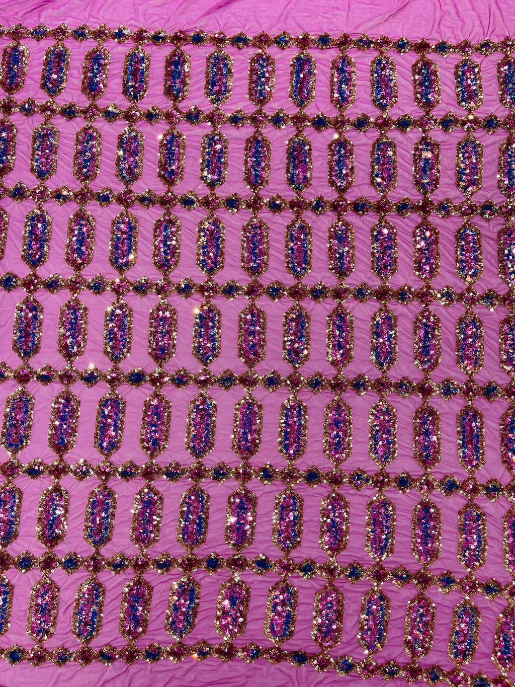Fancy Gem Jewel Fabric - Gold / Magenta - Geometric Stretch Sequins Design on Mesh By Yard