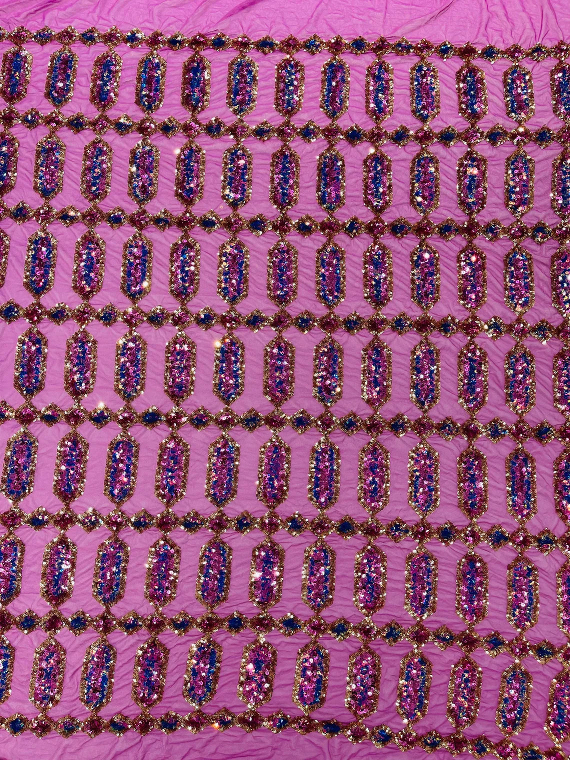 Fancy Gem Jewel Fabric - Gold / Magenta - Geometric Stretch Sequins Design on Mesh By Yard
