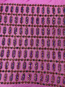 Fancy Gem Jewel Fabric - Gold / Magenta - Geometric Stretch Sequins Design on Mesh By Yard