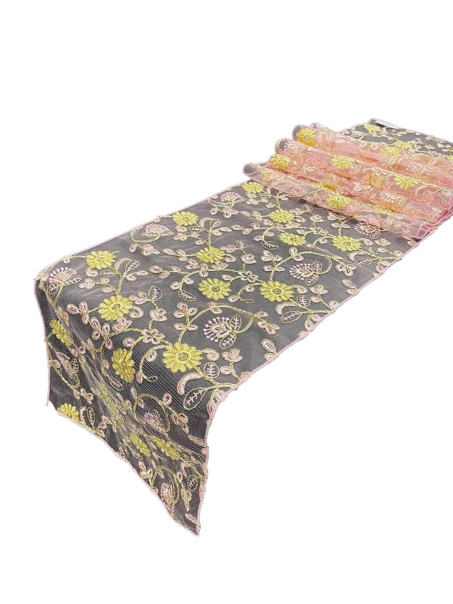 12" x 90" Metallic Flower Table Runner - Gold / Mauve - Fancy Runner for Event Decor