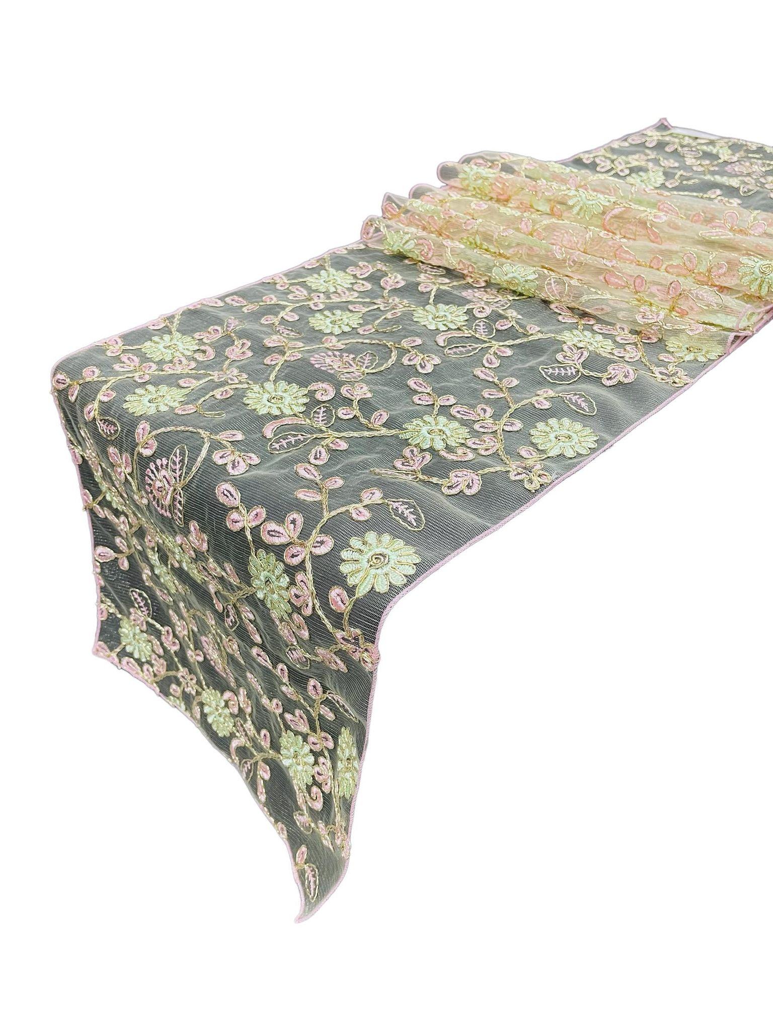 12" x 90" Metallic Flower Table Runner - Gold / Pink / Ivory - Fancy Runner for Event Decor