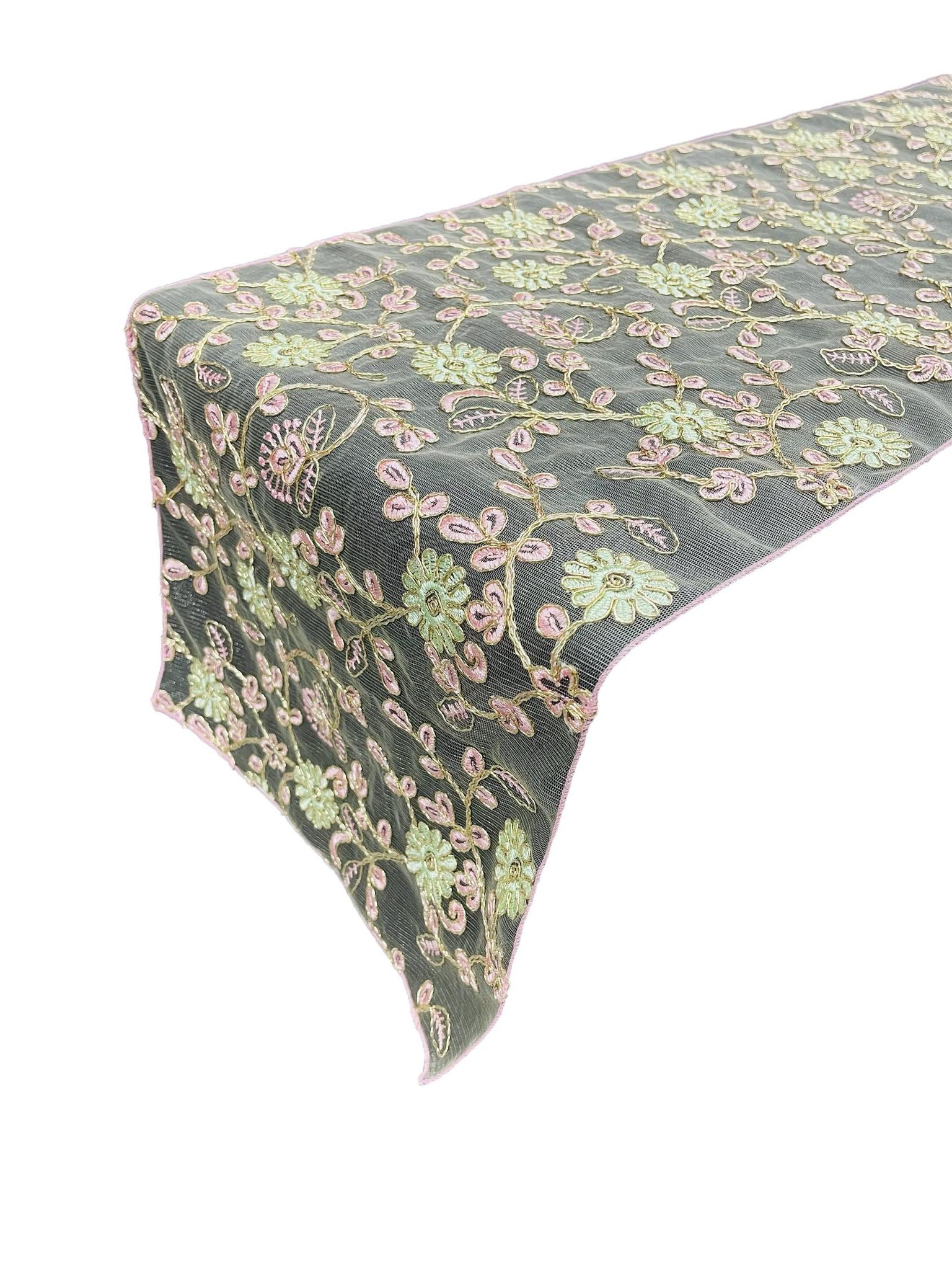12" x 90" Metallic Flower Table Runner - Gold / Pink / Ivory - Fancy Runner for Event Decor