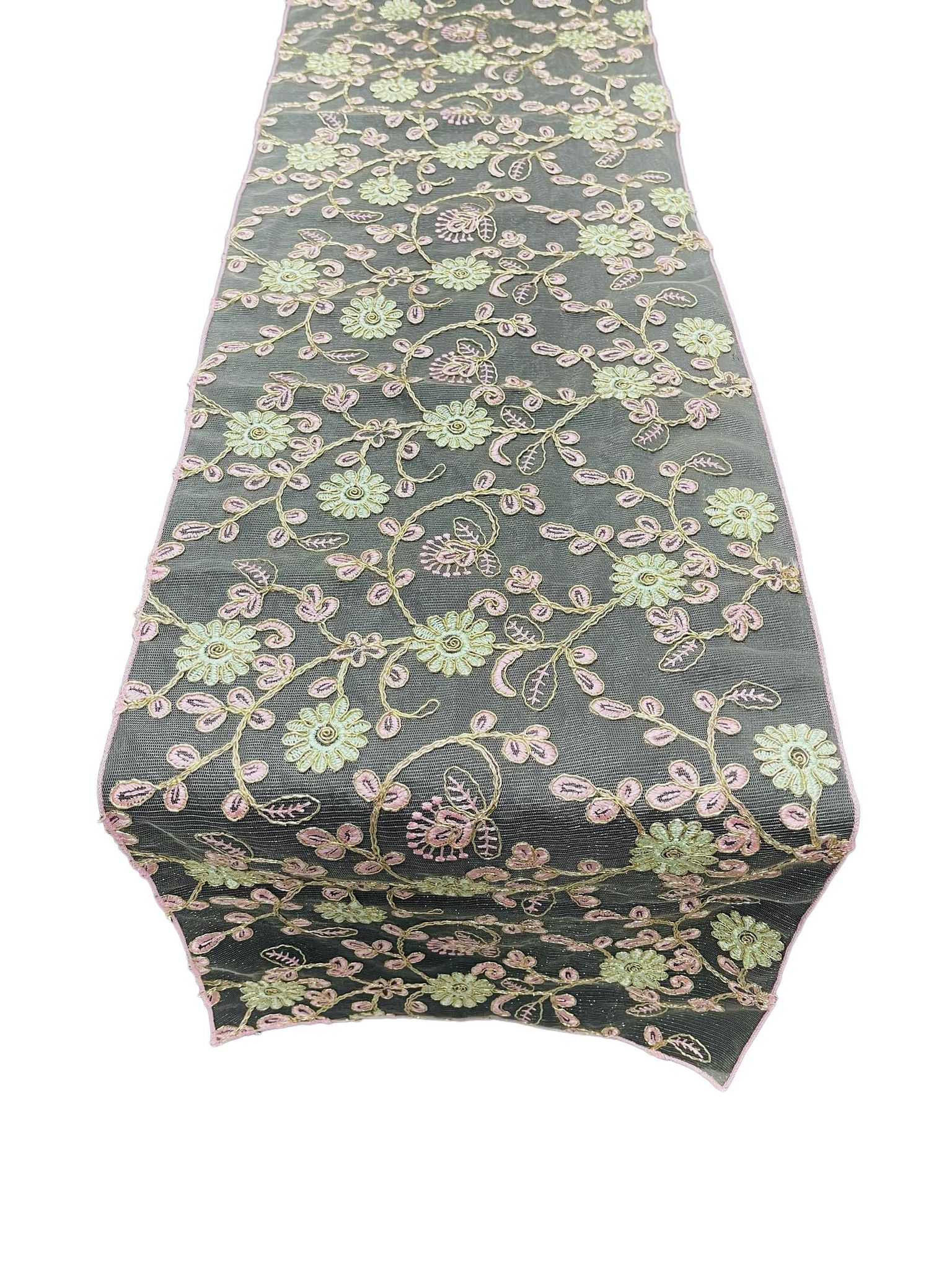 12" x 90" Metallic Flower Table Runner - Gold / Pink / Ivory - Fancy Runner for Event Decor