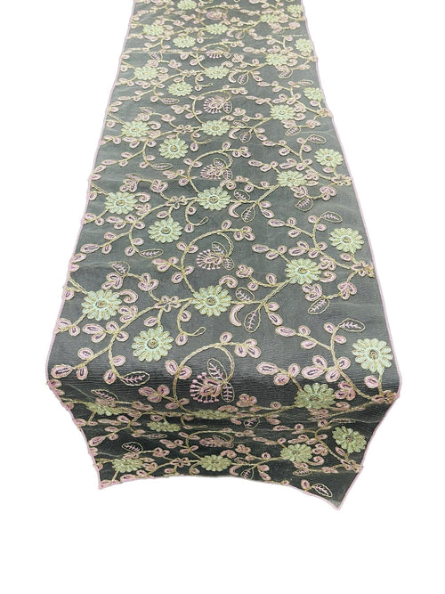 12" x 90" Metallic Flower Table Runner - Gold / Pink / Ivory - Fancy Runner for Event Decor