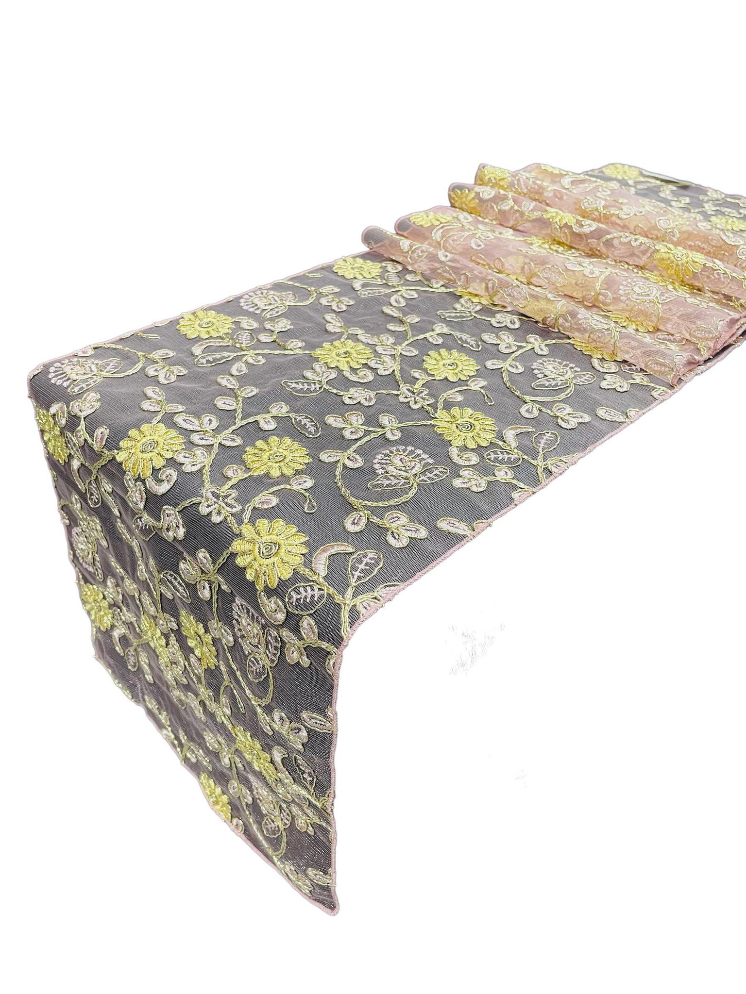 12" x 90" Metallic Flower Table Runner - Gold / Pink - Fancy Runner for Event Decor