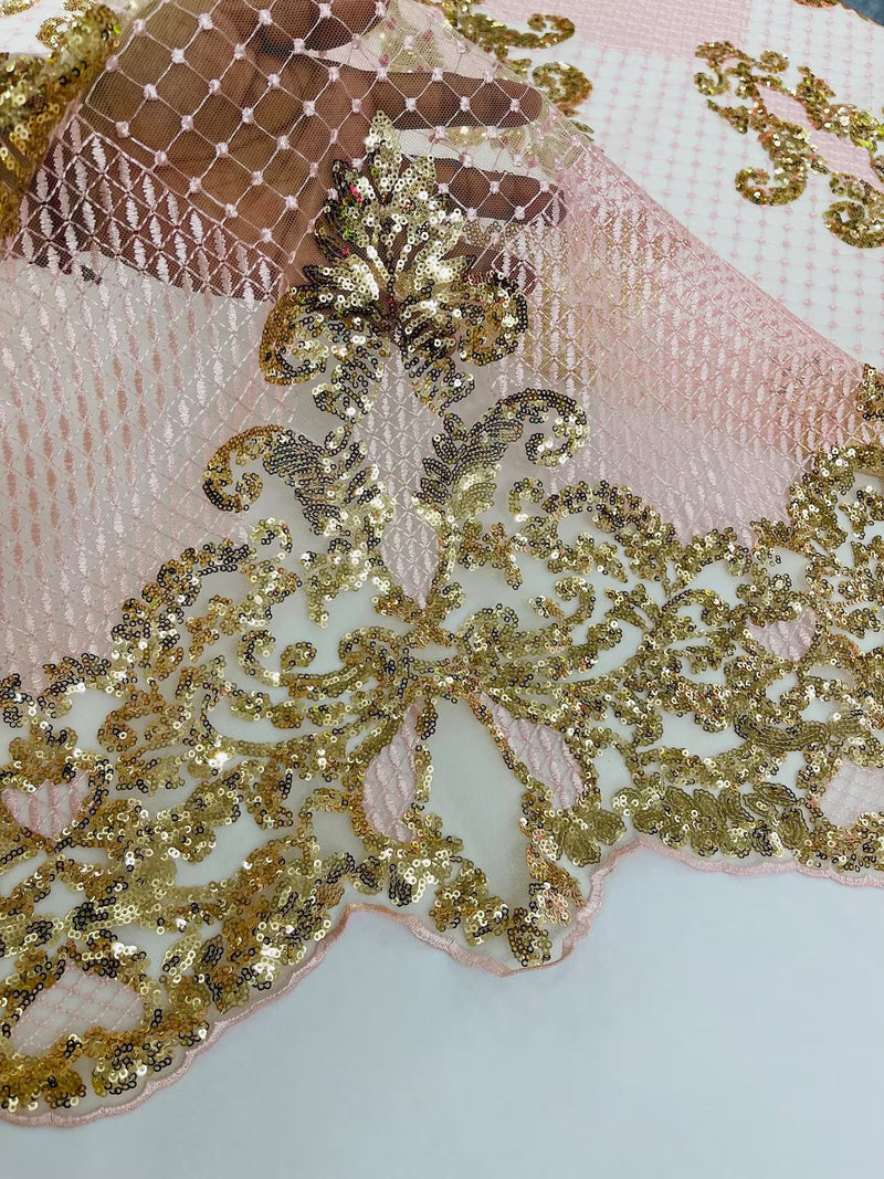 King Damask Design Fabric - Gold / Pink - Embroidered Corded Mesh Lace Fabric with Sequins By Yard
