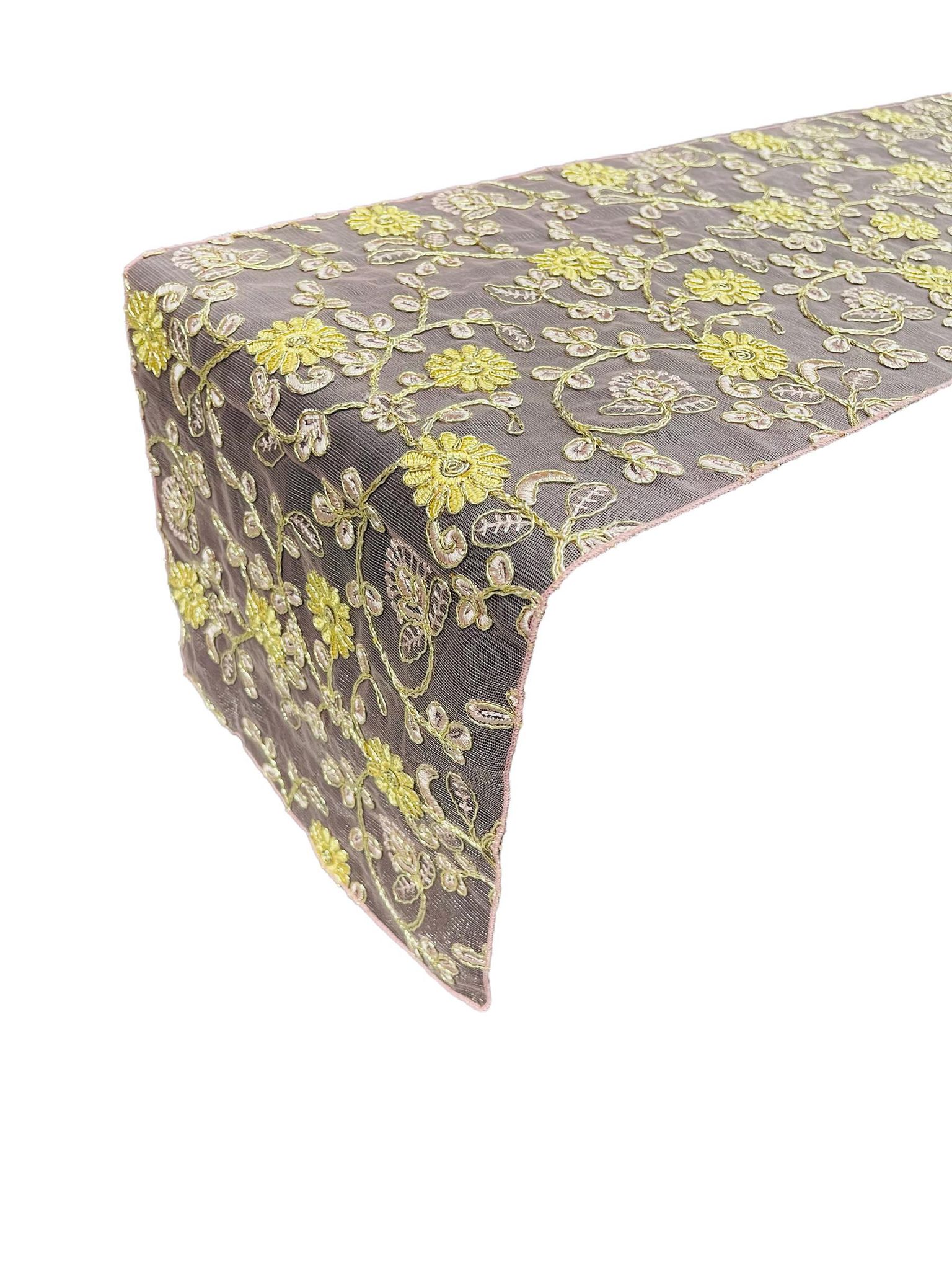12" x 90" Metallic Flower Table Runner - Gold / Pink - Fancy Runner for Event Decor
