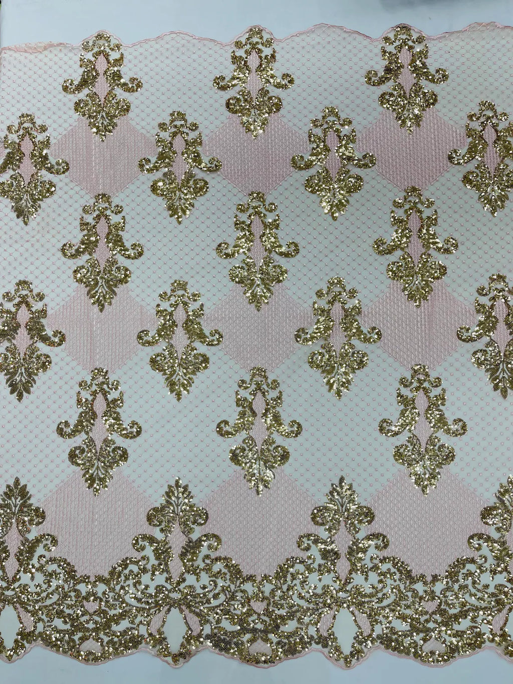 King Damask Design Fabric - Gold / Pink - Embroidered Corded Mesh Lace Fabric with Sequins By Yard