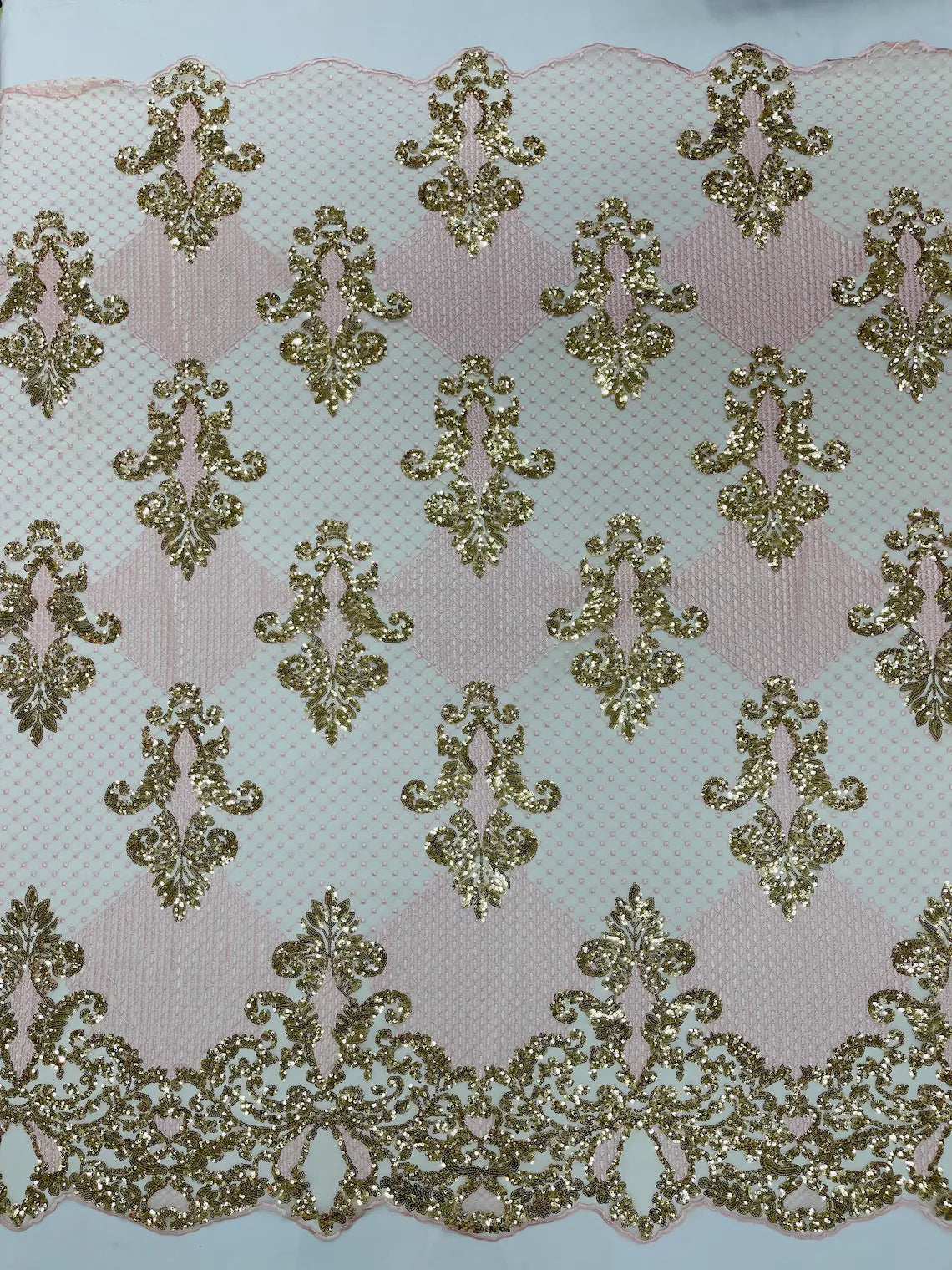 King Damask Design Fabric - Gold / Pink - Embroidered Corded Mesh Lace Fabric with Sequins By Yard