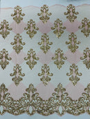 King Damask Design Fabric - Gold / Pink - Embroidered Corded Mesh Lace Fabric with Sequins By Yard
