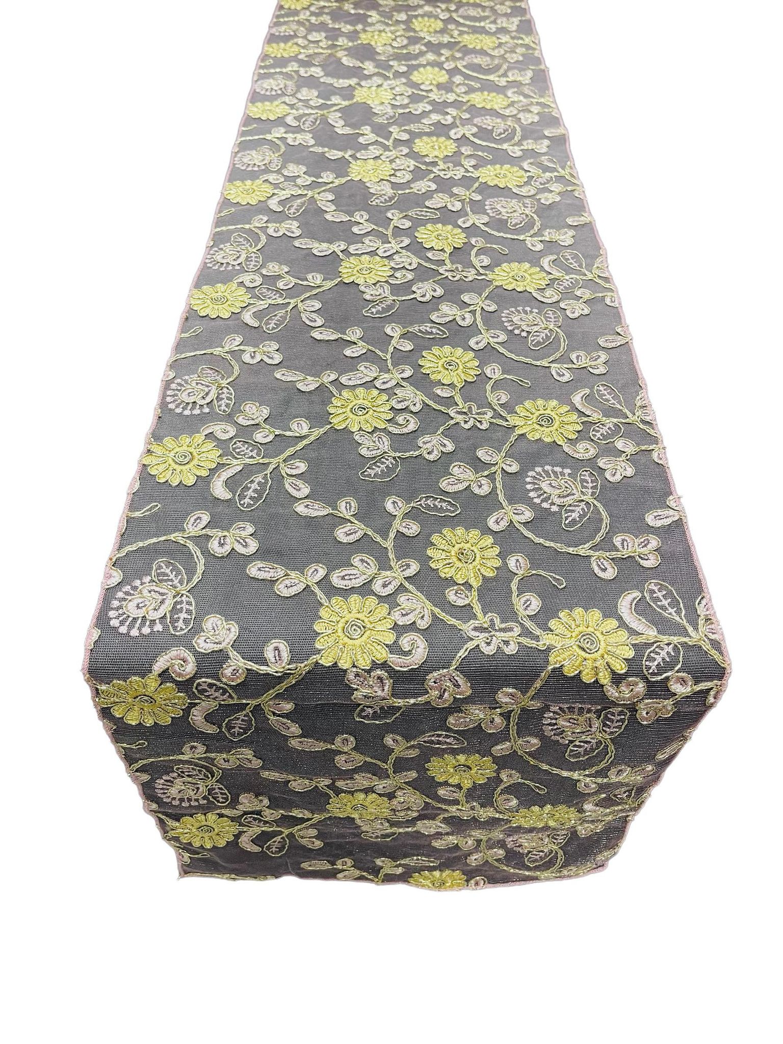 12" x 90" Metallic Flower Table Runner - Gold / Pink - Fancy Runner for Event Decor