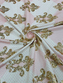 King Damask Design Fabric - Gold / Pink - Embroidered Corded Mesh Lace Fabric with Sequins By Yard