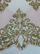 King Damask Design Fabric - Gold / Pink - Embroidered Corded Mesh Lace Fabric with Sequins By Yard