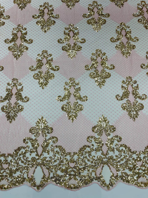King Damask Design Fabric - Gold / Pink - Embroidered Corded Mesh Lace Fabric with Sequins By Yard