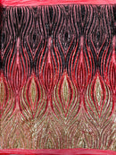 Multi-Color Fabric - Gold / Red / Black - Feather Shape Sequins Fabric Sold By Yard