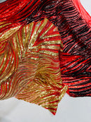 Multi-Color Fabric - Gold / Red / Black - Feather Shape Sequins Fabric Sold By Yard