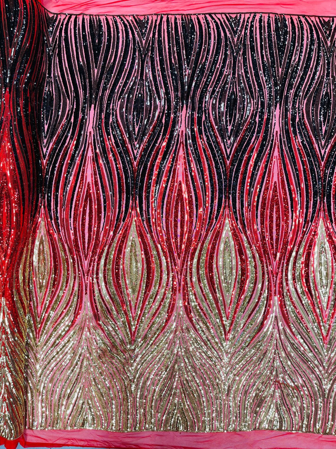 Multi-Color Fabric - Gold / Red / Black - Feather Shape Sequins Fabric Sold By Yard