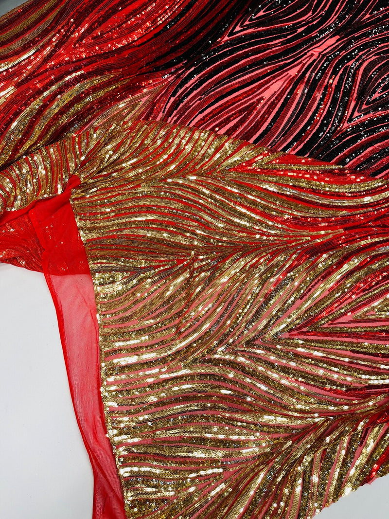 Multi-Color Fabric - Gold / Red / Black - Feather Shape Sequins Fabric Sold By Yard