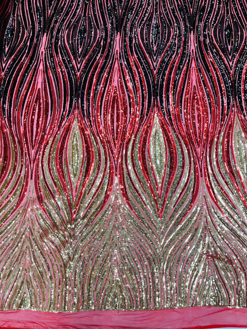 Multi-Color Fabric - Gold / Red / Black - Feather Shape Sequins Fabric Sold By Yard