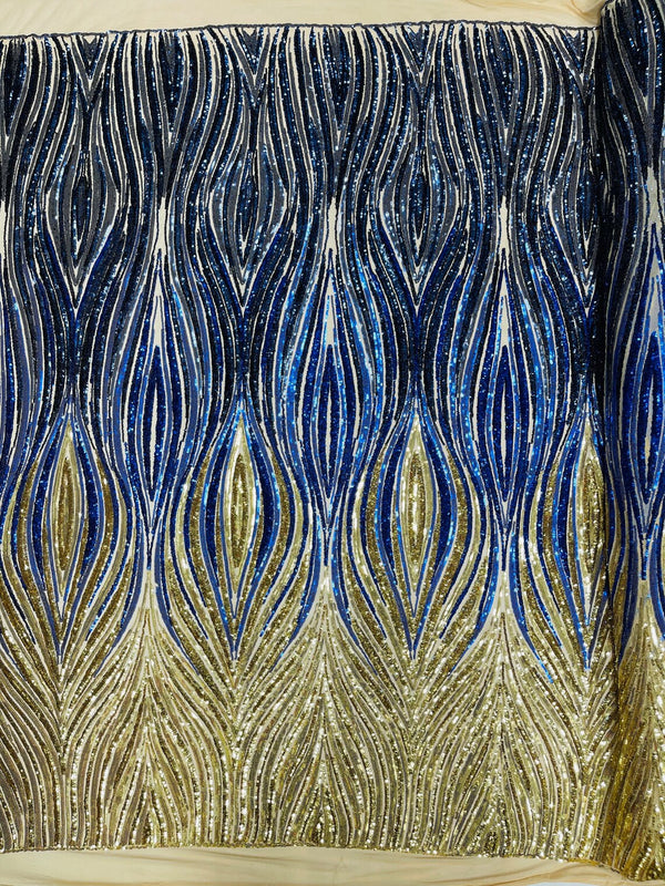 Multi-Color Fabric - Gold / Royal / Navy Blue - Feather Shape Sequins Fabric Sold By Yard