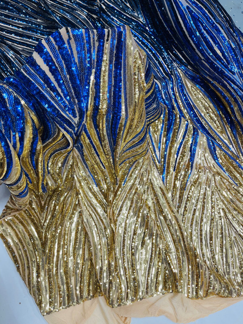 Multi-Color Fabric - Gold / Royal / Navy Blue - Feather Shape Sequins Fabric Sold By Yard