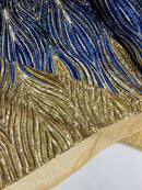 Multi-Color Fabric - Gold / Royal / Navy Blue - Feather Shape Sequins Fabric Sold By Yard