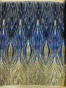 Multi-Color Fabric - Gold / Royal / Navy Blue - Feather Shape Sequins Fabric Sold By Yard