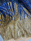 Multi-Color Fabric - Gold / Royal / Navy Blue - Feather Shape Sequins Fabric Sold By Yard
