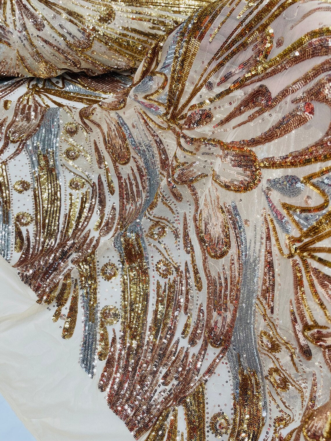Multi-Color Sequins Design - Gold/Silver/Rose Gold - 4 Way Stretch Sequins Fabric By The Yard