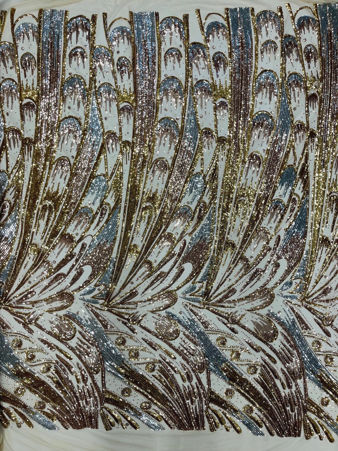 Multi-Color Sequins Design - Gold/Silver/Rose Gold - 4 Way Stretch Sequins Fabric By The Yard