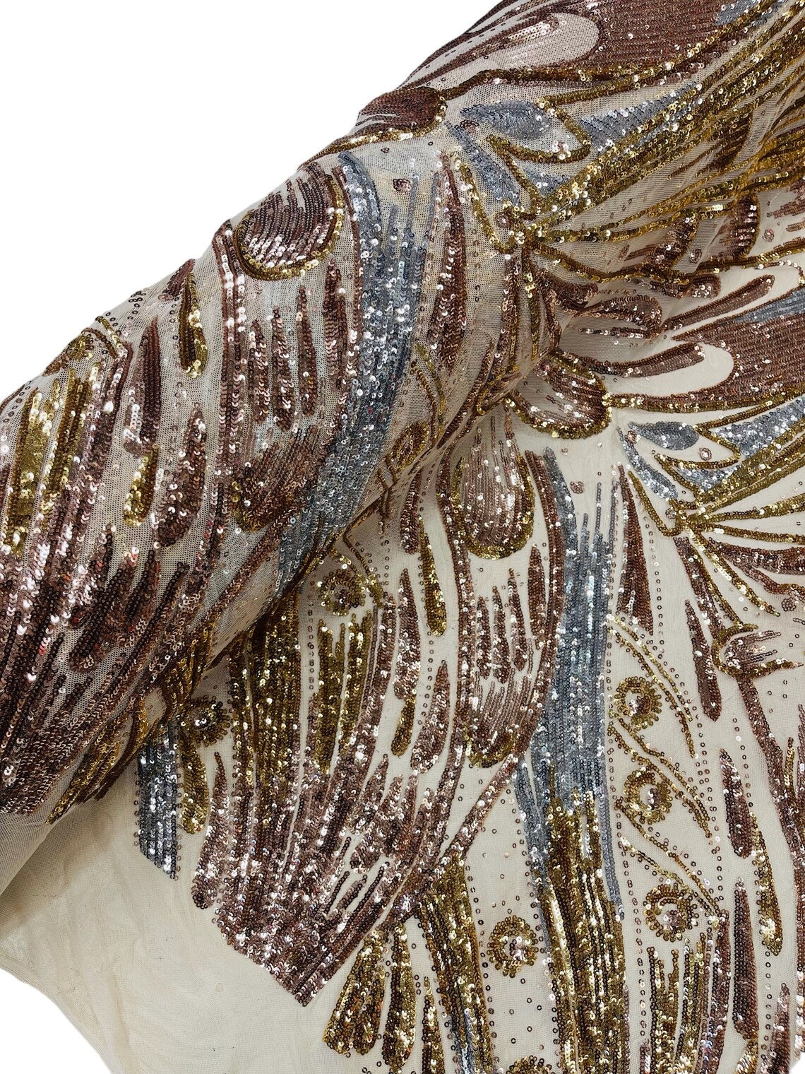 Multi-Color Sequins Design - Gold/Silver/Rose Gold - 4 Way Stretch Sequins Fabric By The Yard