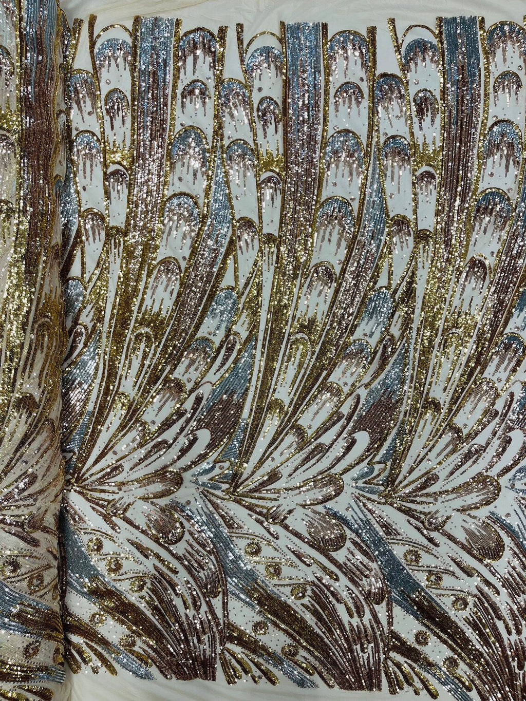 Multi-Color Sequins Design - Gold/Silver/Rose Gold - 4 Way Stretch Sequins Fabric By The Yard