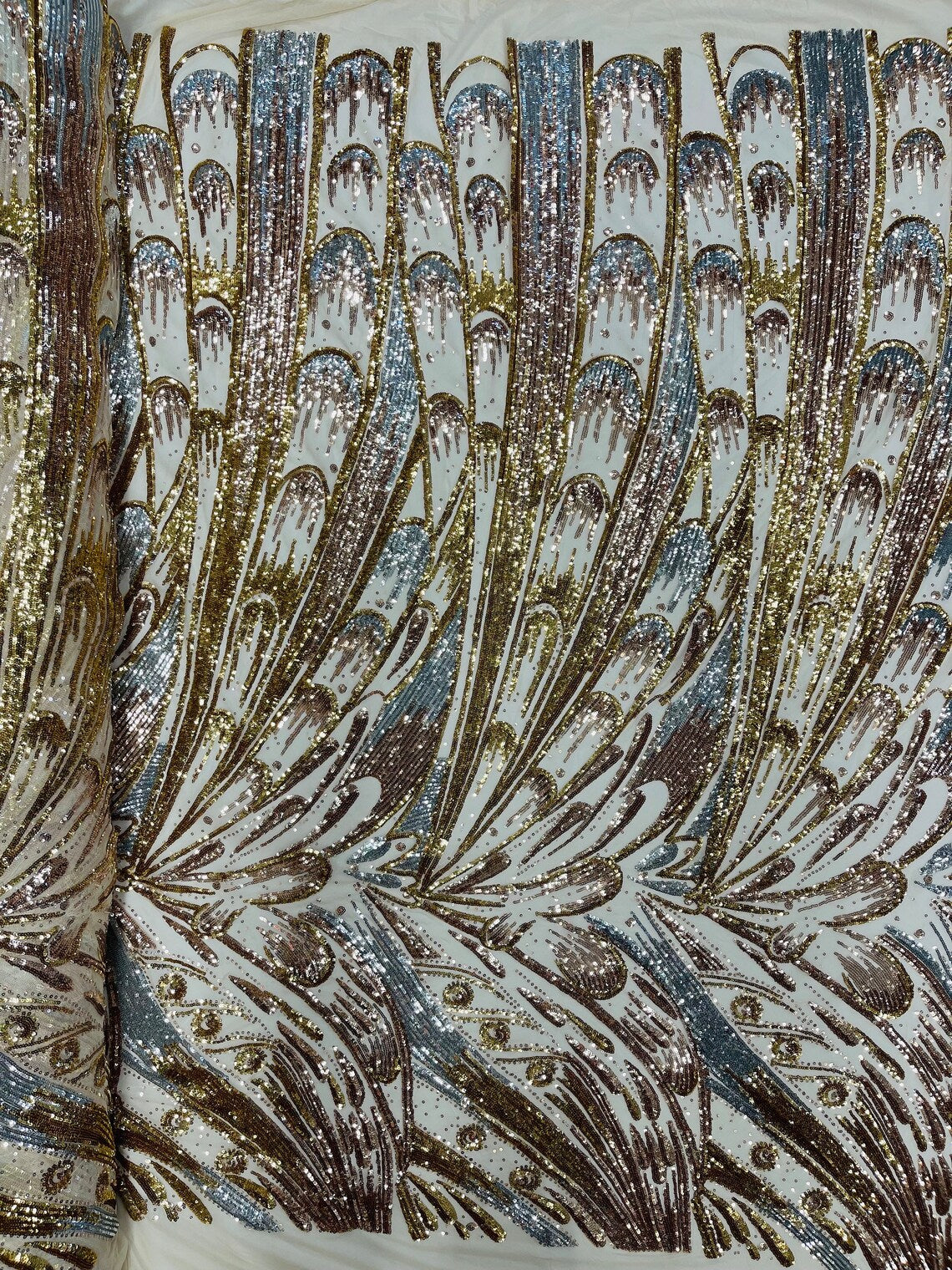 Multi-Color Sequins Design - Gold/Silver/Rose Gold - 4 Way Stretch Sequins Fabric By The Yard