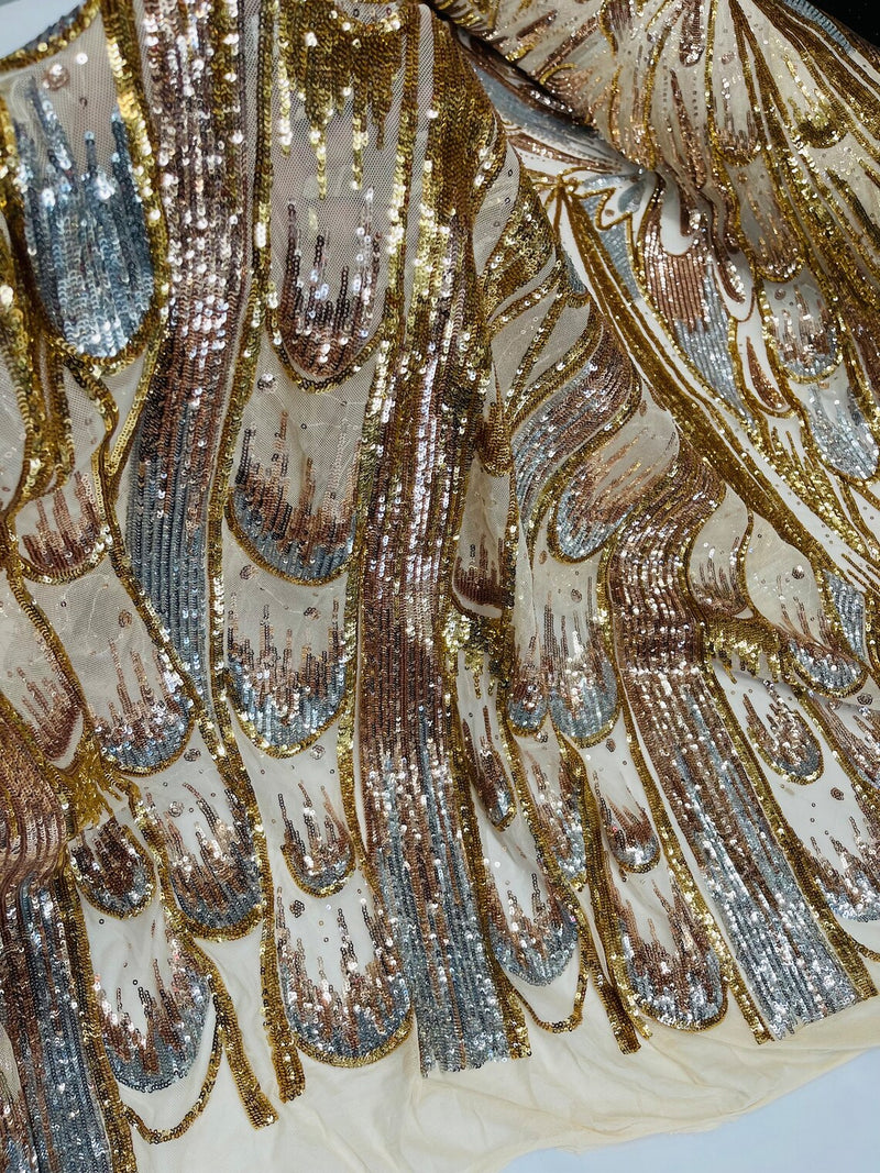 Multi-Color Sequins Design - Gold/Silver/Rose Gold - 4 Way Stretch Sequins Fabric By The Yard