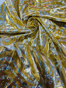 Tribal Swirl Spandex Fabric - Gold / Silver - Hologram Metallic 4-Way Stretch Milliskin Fabric by Yard