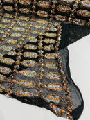 Fancy Gem Jewel Fabric - Gold / Silver on Black - Geometric Stretch Sequins Design on Mesh By Yard