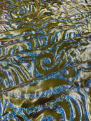 Tribal Swirl Spandex Fabric - Gold / Silver - Hologram Metallic 4-Way Stretch Milliskin Fabric by Yard