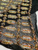 Fancy Gem Jewel Fabric - Gold / Silver on Black - Geometric Stretch Sequins Design on Mesh By Yard