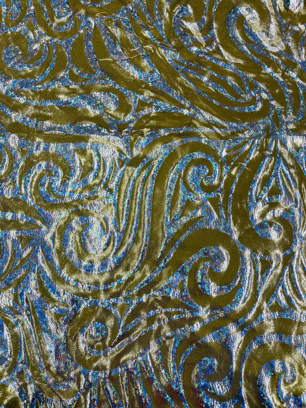 Tribal Swirl Spandex Fabric - Gold / Silver - Hologram Metallic 4-Way Stretch Milliskin Fabric by Yard