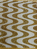 Wavy Line Velvet Sequins - Gold / White - Velvet Sequins 2 Way Stretch Fabric 58/60” By Yard