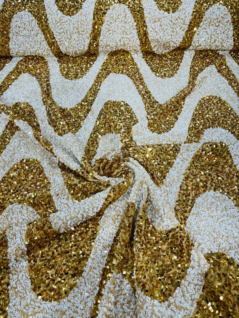 Wavy Line Velvet Sequins - Gold / White - Velvet Sequins 2 Way Stretch Fabric 58/60” By Yard