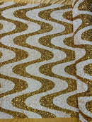 Wavy Line Velvet Sequins - Gold / White - Velvet Sequins 2 Way Stretch Fabric 58/60” By Yard