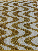 Wavy Line Velvet Sequins - Gold / White - Velvet Sequins 2 Way Stretch Fabric 58/60” By Yard