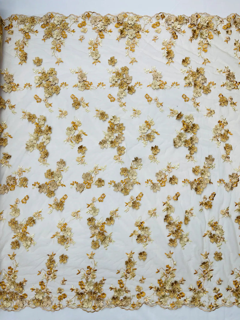 Multi-Color 3D Flower Fabric - Gold - Multi-Tone 3D Flower Lace Fabrics Sold By Yard