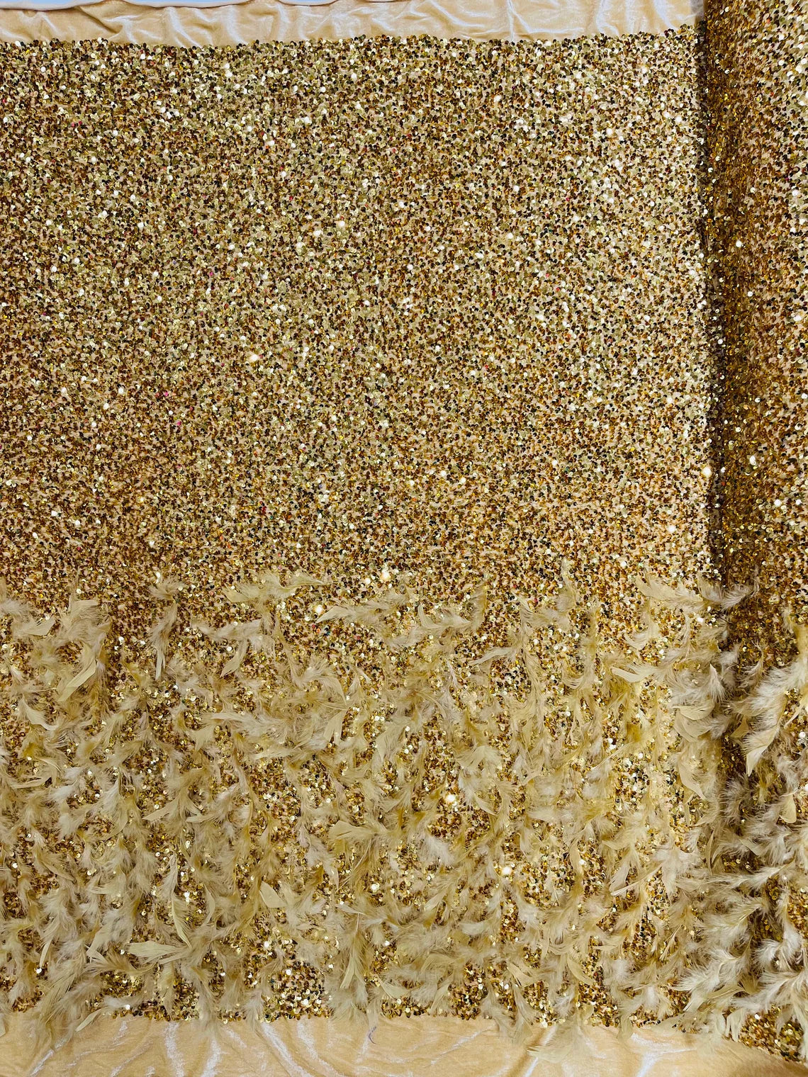 Feather Sequin Velvet Fabric - Gold - 5mm Sequins Velvet 2 Way Stretch 58/60" Fabric By Yard
