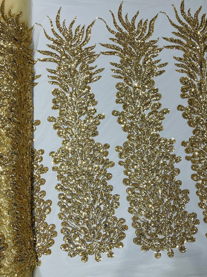 3D Beaded Peacock Feathers - Gold - Sequins Embroidered Beaded Vegas Design On a Mesh Lace Fabric (Choose The Panels)